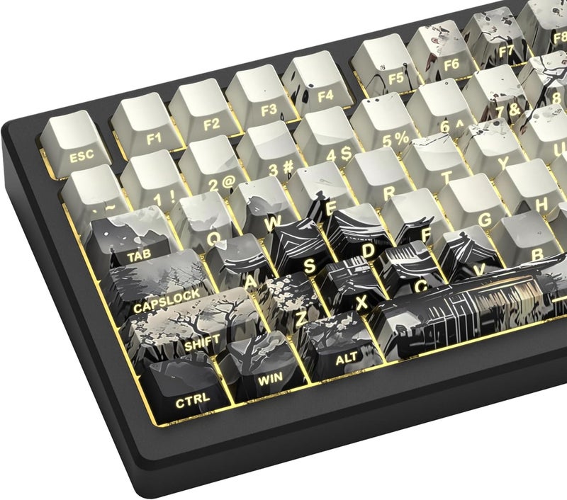 COSTOM Womier PBT Keycaps Set 130 Keys, Custom White Japanese Keyboard Doubleshot Dye Sub Side Print Shine Through Keycaps 60 65 75 100 Percent, Cherry Profile (Ink Painting) - Image 1